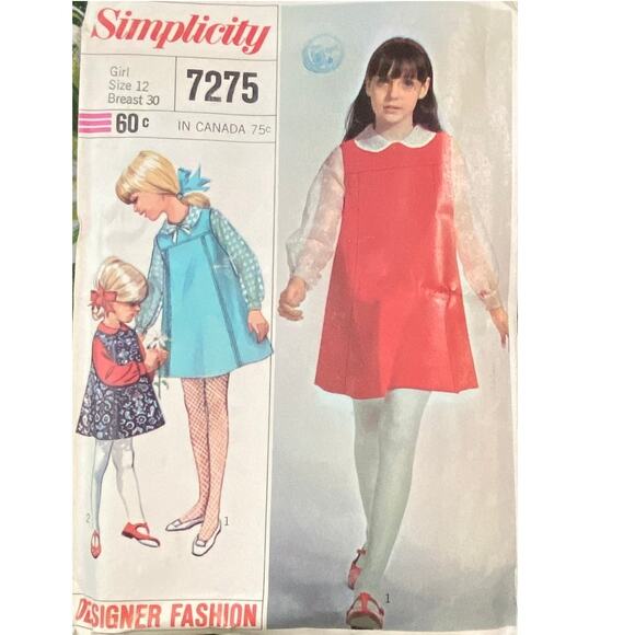 Vtg Simplicity 7275 Jumper Blouse Pattern 12 Girl 1967 Designer Child Collar Bow - Picture 2 of 6